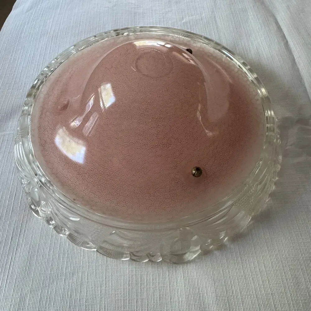 INCOMPLETE Vintage Pink Glass Hanging Ceiling Lamp Shade 3 Hole Scalloped Rim